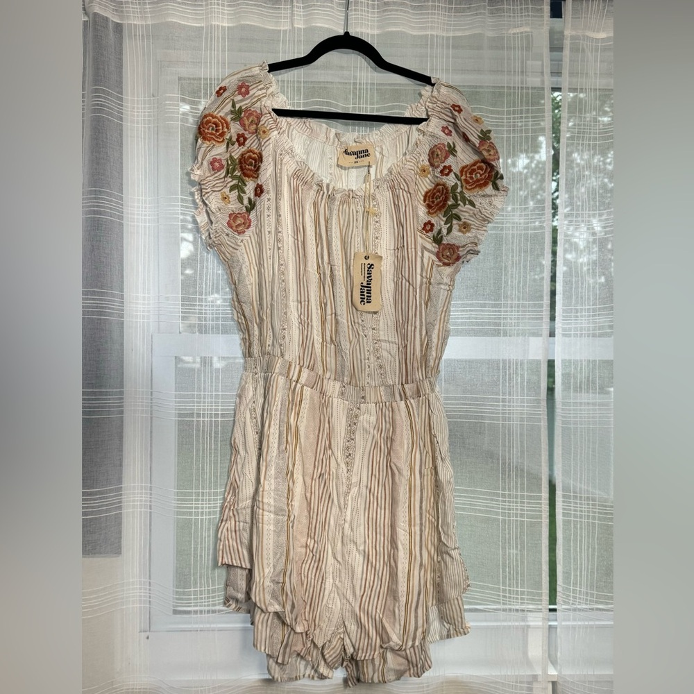 Savanna Jane Rose Embroidered Striped Romper